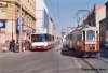 Při opravě výhybek a křížení u nádražního viaduktu o víkendu 25. a 26. 4. 2009 byla tramvajová linka 8 úvraťově ukončena na mezikolejové spojce na Křenové ulici a tramvaje pendlovaly pouze mezi Líšní a zastávkou »Masná«. To se týkalo i historické tramvaje na lince 10. Na snímku z 25. 4. 2009 je zachyceny vůz č. 99 a autobus náhradní dopravy (linka x13) evid. č. 2385 v prostoru zastávky »Masná« ve směru do centra, kde probíhal přestup cestujících. Na druhou část linky 8, mezi Malinovského náměstím a Starým Lískovcem, pak byla mj. premiérově nasazena tramvaj Škoda 13T (evid. č. 1905) – na snímku z 25. 4. 2009 při jízdě od zastávky »Nové sady« směrem z centra. Foto © Ladislav Kašík.